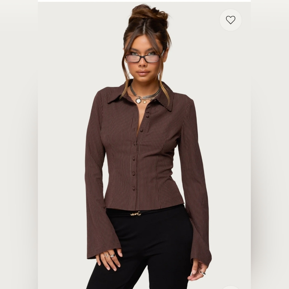 Brown Pinstripe Tailored Button Down Shirt 🎀